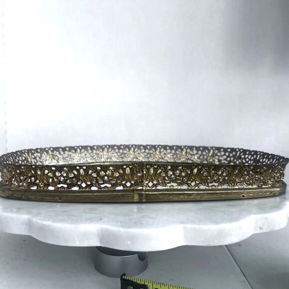 Vtg Oval Mirrored Vanity Tray Gold-tone Ornate Filigree Hollywood Regency 12X8" - Picture 8 of 15